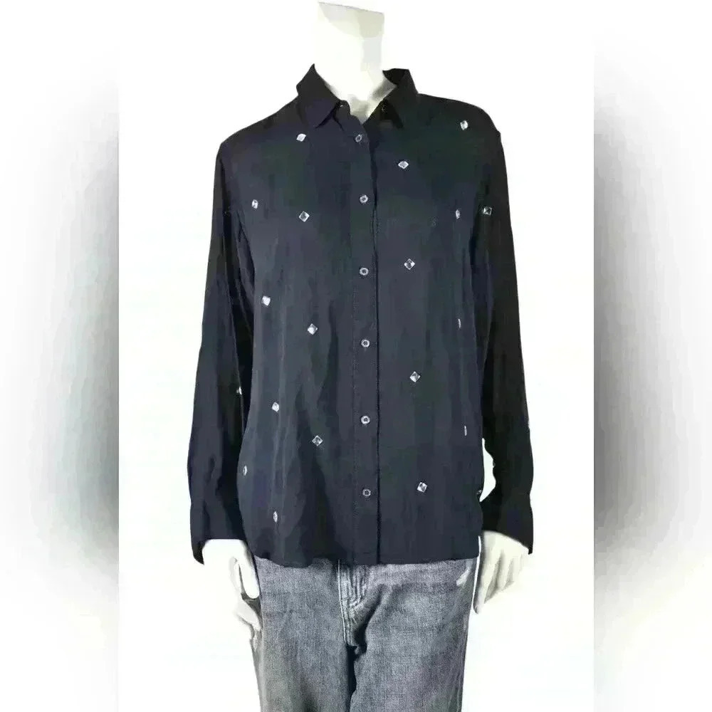 NWT LOVE MOSCHINO Navy Blue Viscose  Long Sleeve Rhinestone Sparkle Blouse 4US